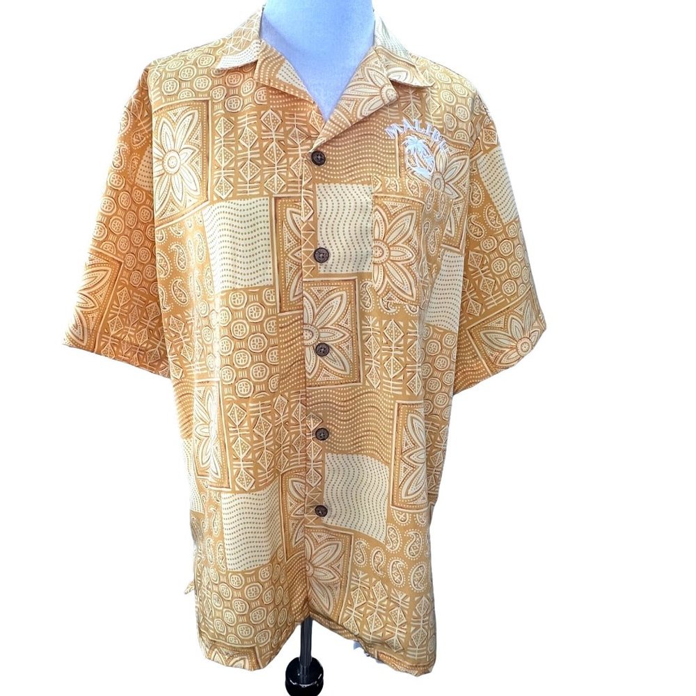Malibu Rum Button Front Hawaiian Shirt size L Men Yellow Edwards Embroidered